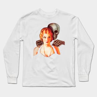 Skull Woman Retro Comic Horror Skeleton Bones Elegant Jewelry Pearls Diamonds Pin Up Girl Vintage Romantic Love Old Cartoon Long Sleeve T-Shirt